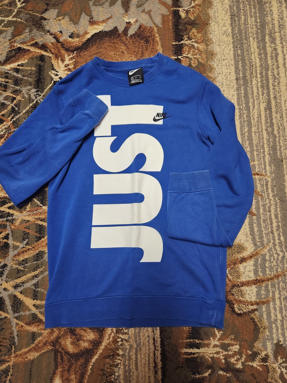 Nike Blue Crewneck Sweatshirt with Large White 'JUST' Graphic